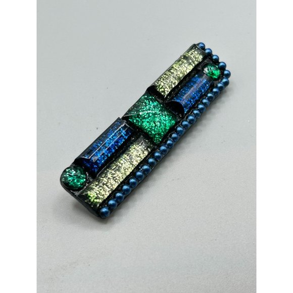 90s Handcrafted Brooch Blue and Green Glittery Pin Rectangle Geometric Design - Picture 6 of 7